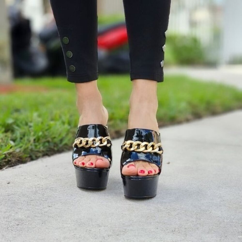 Black Patent Platform Heeled Mule Open Loafers for Women Gold Chain Slip On - Picture 5 of 5